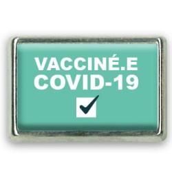 Pins rectangle : Vacciné.e covid-19, check