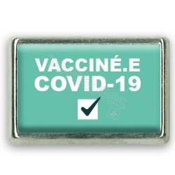 Pins rectangle : Vacciné.e covid-19, check