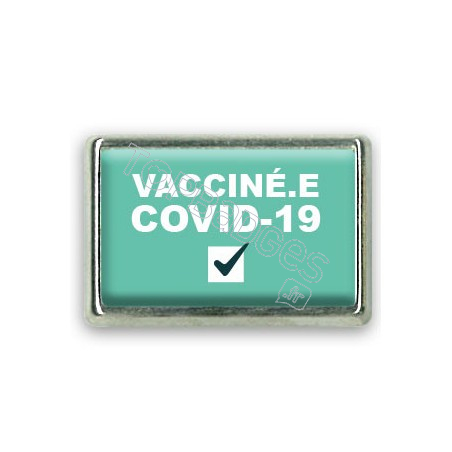 Pins rectangle : Vacciné.e covid-19, check