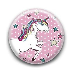 Badge : Licorne, fond rose