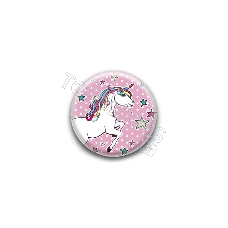 Badge : Licorne, fond rose