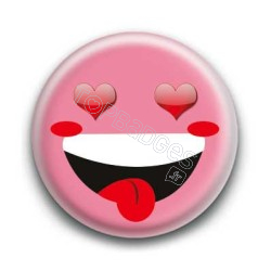 Badge : Smiley fou d'amour rose