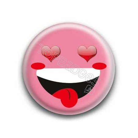 Badge : Smiley fou d'amour rose